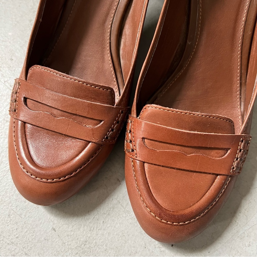 AREZZO Almond Toe Block Heel Leather Penny Loafer in Cognac Brown - Picture 2 of 15